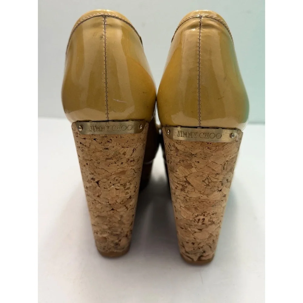 Jimmy Choo Mustard Patent Leather Cork Platform Wedge‎ Peep Toe Pumps Italy